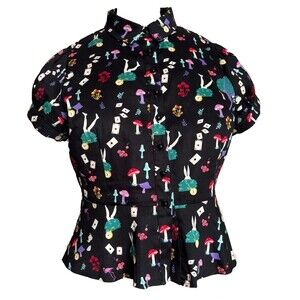 Retro Rockabilly Alice in Wonderland Buttoned Peplum Blouse Puffed sleeves